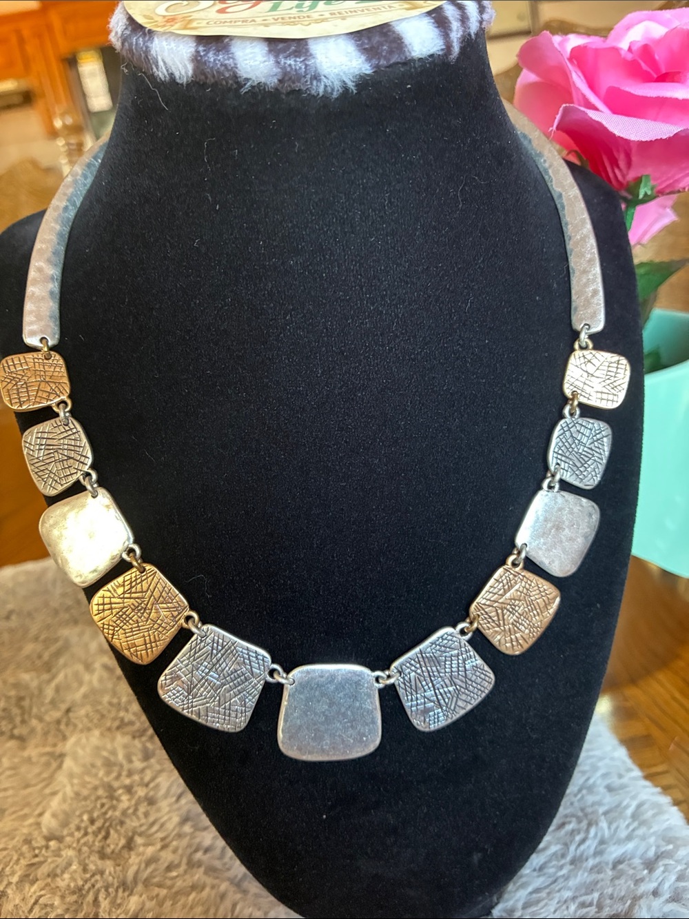Chico's Two-Tone Textured Square Link Necklace - Silver & Gold